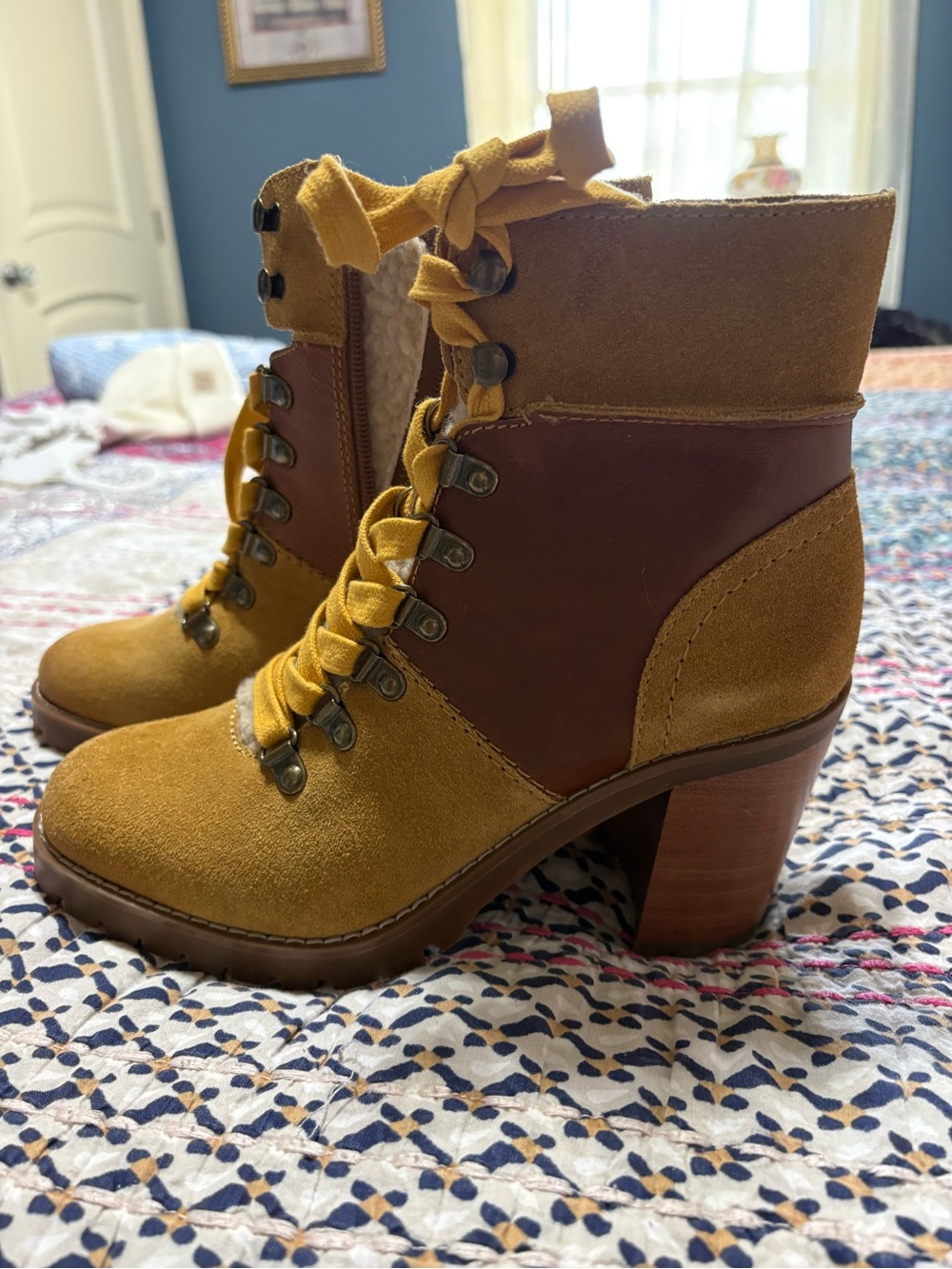 FRYE AND CO. Mustard Yellow and Brown Lace-Up Suede Block Heel Boots